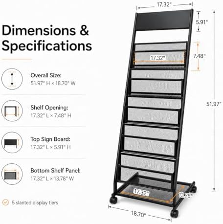 Magazine Rack Display Stand, 5-Tier Floor Standing Rack with Wheels - Image 4