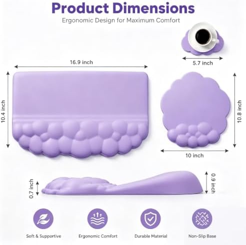 Cloud Keyboard Wrist Rest Set, 3 in 1 Ergonomic Memory Foam Keyboard Stand Pad with Mouse Wrist Support & Cup Holder, Anti-Slip Desk Cushion for Office Gaming Typing Pain Relief, Purple - Image 7