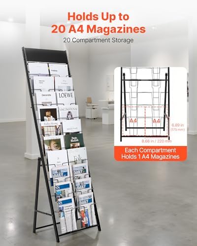VEVOR Brochure Display Rack, 20 Pockets Magazine Literature Display Stand, Portable Floor Standing Magazine Rack, Metal Newspaper Catalog Holders for Shop, Exhibitions, Office, Standard, Black - Image 2