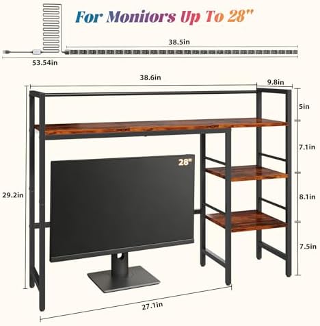 HavenlyYouth Desk Shelf with LED Light Strip, 3-Tier Storage Desktop Organizer Shelf, 38.6" Wood Desktop Bookshelf for Computer Monitor, Desk Hutch for Home Office Dorm, Rustic - Image 3