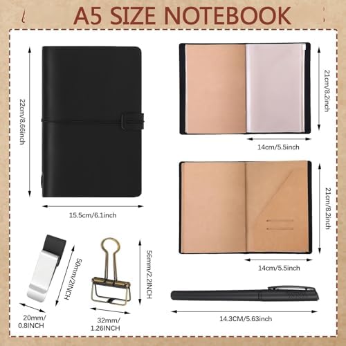 Traveling Refillable Leather Journal Notebook, Black, A5 Size - Image 2