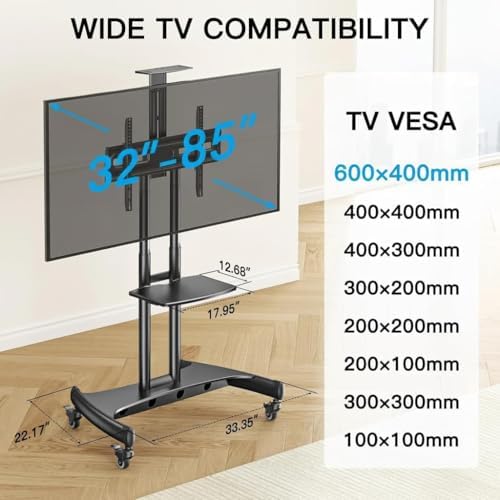 PERLESMITH Rolling TV Stand for 32-85 Inch Flat/Curved TVs up to 100 lbs - Image 2