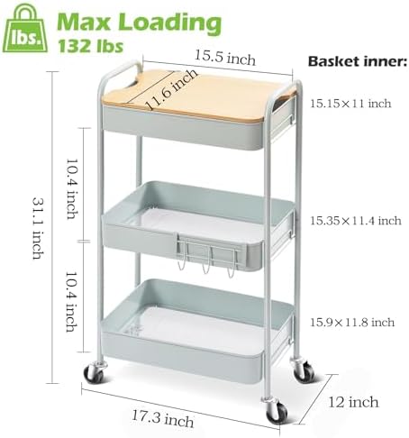 TOOLF 3 Tier Rolling Cart, Metal Utility Storage Cart with Wheels, Green - Image 6