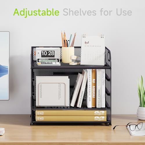 Cawukege 2 Pack 5 Tier Paper Organizer, Letter Tray with Handle, Mesh Desk Organizer, Metal File Organizer, Office Desk Accessories for Home, Office, Classroom, School -Grey - Image 2