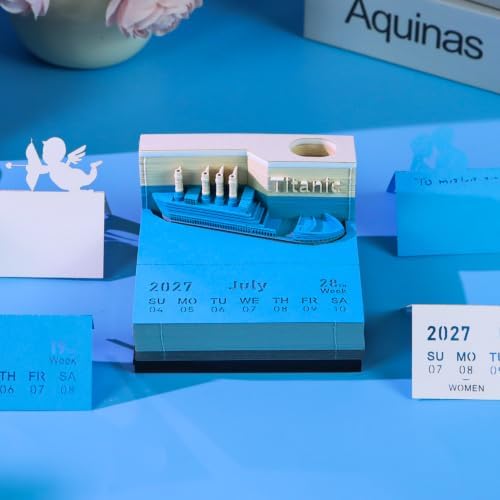 3D Art Calendar Memo Pad 2027,3D Titanic Weekly Calendar Notepad With Light&Pen Holder, 3D Memo Pad Desk Calendar DIY Decoration Gift - Image 3