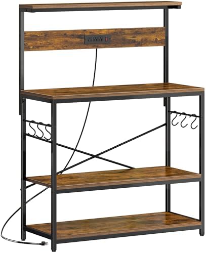 SUPERJARE Bakers Rack with Power Outlets, Microwave Stand, 39.4 X 14.3 Inch Larger Desktop, Kitchen Storage Rack with Adjustable Middle Shelf, 6 S-Shaped Hooks, Coffee Bar Stand, Rustic Brown by SUPERJARE