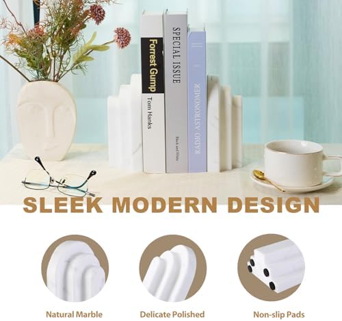 Natural Marble Book Ends - Heavy Duty Bookends for Shelves - Aesthetic Layered Arch Design Stone Book Holders, Decorative Modern Office Bookshelf Stopper Decor for Books/CDs, White - Image 4