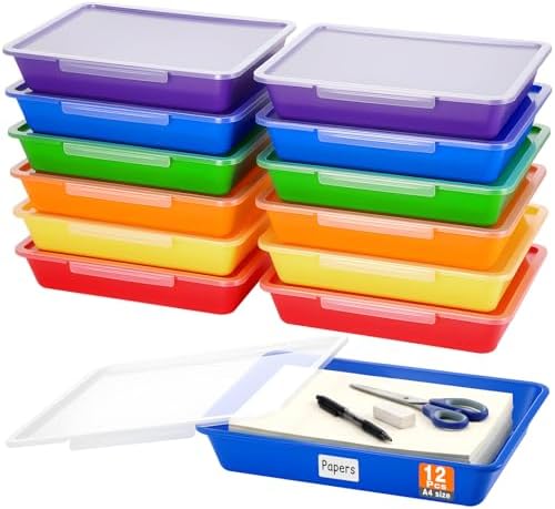 Tinlade 12 Pcs Classroom Paper Storage Bins with Lids, Rainbow, 13x10in by Tinlade