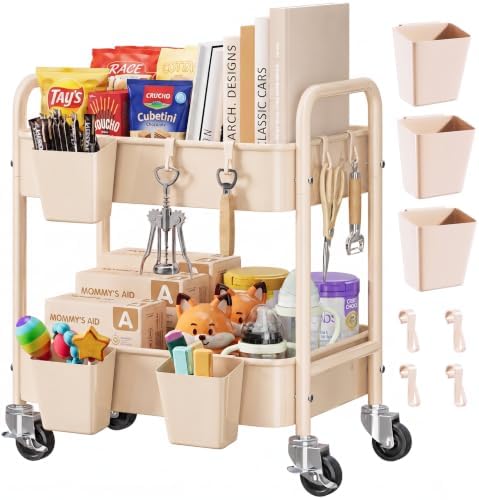 2 Tier Small Rolling Cart Metal with Wheels, 22 Inch Beige Under Desk Carts by Aofure