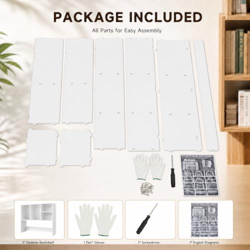 Desk Hutch with 4 Shelves Desktop Bookshelf Multi-Functional Desktop Organizer 2 Tire Desk Storage Shelf for Home Office (White) - Image 5