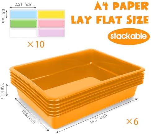 ShineMe 6 Pack Paper Trays for Classroom, Orange Plastic Book Bins with Colorful Labels, Stackable Letter Size Storage Tray, Desk Organizer Tray for Home, School and Office - Image 2
