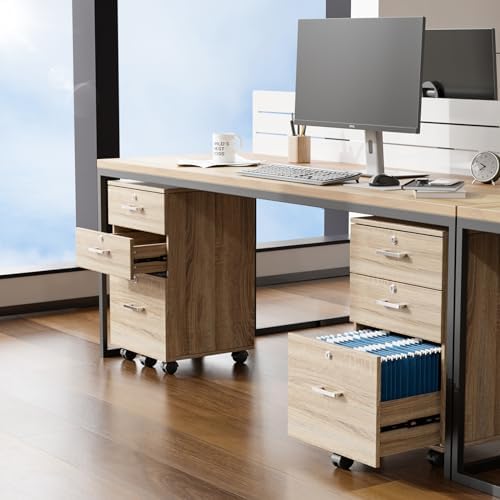 VINGLI 3-Drawer File Cabinet with Lock, Wood Rolling Filing Cabinets for Home Office, Mobile Printer Stand, Under Desk File Organizer for Letter Sized Files, 26" H(Caster Included), Oak - Image 2