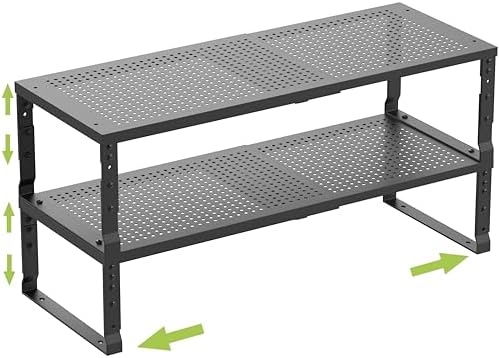 Jojocross Expandable Cabinet Shelf Organizer Storage Spice Rack Shelves for Kitchen Stackable Adjustable Pantry Cupboard Bathroom Countertop Desktop(2Packs/Black/Large-with Hole) by JOJOCROSSHIGHQUALITYLIFE
