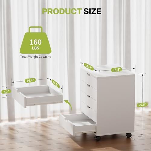 5 Drawer Chest, Storage Cabinet Dressers with Wheels, Dressers Storage Cabinets, Dresser Mobile Cabinet with Wheels, Room Organizer, Drawers Wood Organization Furniture for Office, Home, White - Image 2