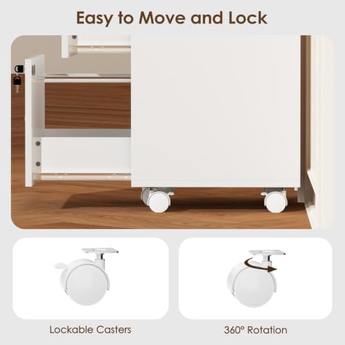 Under Desk Storage, 3 Drawer Small File Cabinet, Chest of Drawer with Glass Top, Mobile Printer Stand with Lockable Wheels for Home Office Study, White - Image 5