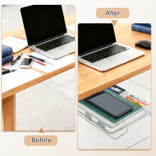 2 Pack 10.91"x 8.23" Under Desk Drawer Storage Organizer, Durable PC Material Self-Adhesive with Slide Out Rail, Hidden Hanging Desk Drawer for Office Supplies, Stationery, No Drilling Install, Clear - Image 5