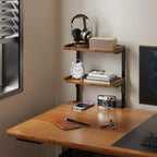 Clamp On Desk Shelf 2-Tier, 12.6 inche Wood Shelving Unit for Office Desk/Gaming Accessories, Tabletop Book Storage Rack, Shelf for Top & Under of Desk, Brown - Image 2