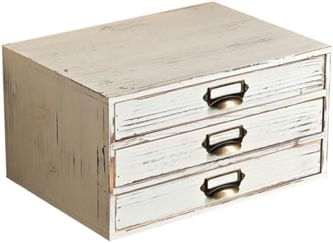 Stackable Modular Desktop Drawer Organizer, Distressed Cottage White 3-Drawer Storage Unit with Label Handles, Japandi Style Vintage Wash Timber, Expand by Adding More Units for Clutter-Free Spaces by Woodaholic