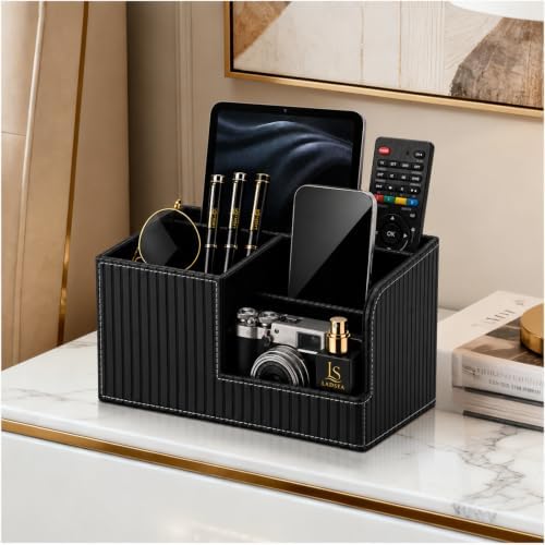 4-Compartment Faux Leather Pen Holder and Desk Organizer, Black - Image 5