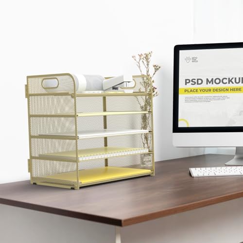 Sinboun Letter Tray Paper Organizer 5-Tier Desk Organizer File Organizer Paper Holder with Handle, Metal Desktop Document Shelf Tray Office Classroom Organization - Gold - Image 5
