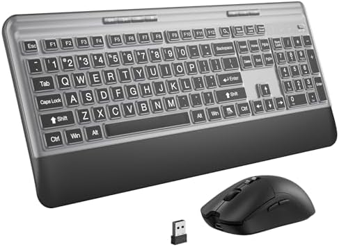 KOPJIPPOM Silent Wireless Keyboard and Mouse Combo - Keyboard with Large Print Cover, 2.4GHz Full-Sized Ergonomic Keyboard with Wrist Rest and Mouse for Laptop, PC, Notebook, Desktop by KOPJIPPOM