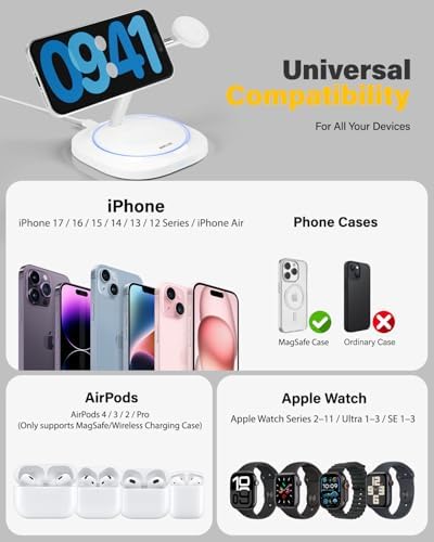 3 in 1 Magnetic Wireless Charger for Apple - Fast Charging Station Compatible with MagSafe for iPhone17-12, Apple Watch& AirPods, Phone and Watch Charger Stand for Desktop Bedside Nightstand (White) - Image 4
