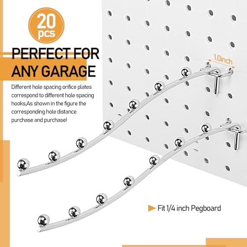 Yaocom 20 Pcs Peg Board Waterfall Hook Shelving Hooks Metal 7 Station Pegboard Display Wall Hangers Face Out Fit 1/4" for Garage Kitchen Store(Silver) - Image 4