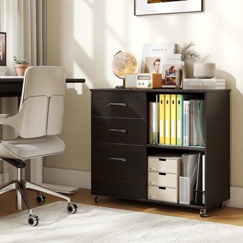 Giantex 3-Drawer Mobile File Cabinet, Rolling Printer Stand with Open Storage Shelves, Under Desk Lateral Filing Cabinet for Letter/A4 Size, Wooden Office Organizer with Wheels for Home Office (Brown) - Image 2