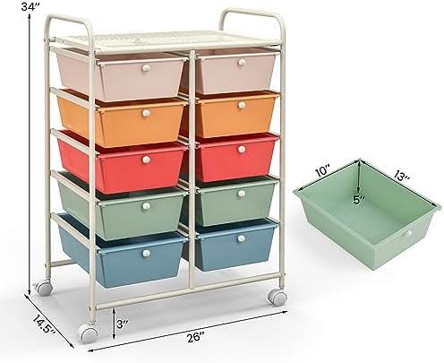 Giantex 10 Drawers Rolling Cart, Classroom Organizers, Storage Cart with Wheels, for Teacher Office Home School Supplies Tool Craft Art Paper, Multicolor - Image 3