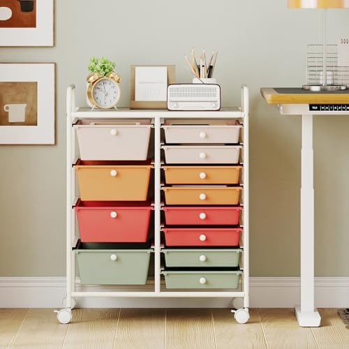 LDAILY 12 Drawer Rolling Storage Cart, Rolling Cart with Drawers for Classroom, Art Supply Craft Organizer on Wheel with Metal Frame & Handles for Home Office School (Macaron, 12 Drawer Left-Right) - Image 2