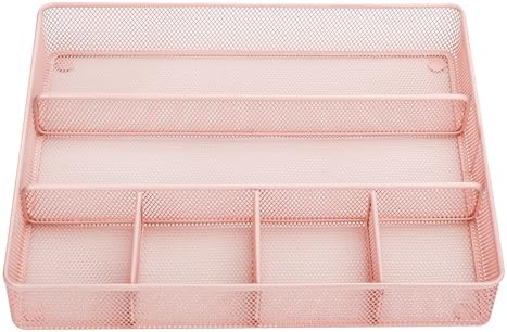 Annova Desk Top Organizer Tray for Office Organization - Metal Mesh - Storage Tray with Dividers for Pens, Desktop Accessories, Bathroom, Kitchen, Makeup and Office Supplies (Large, Light Pink) - Image 3