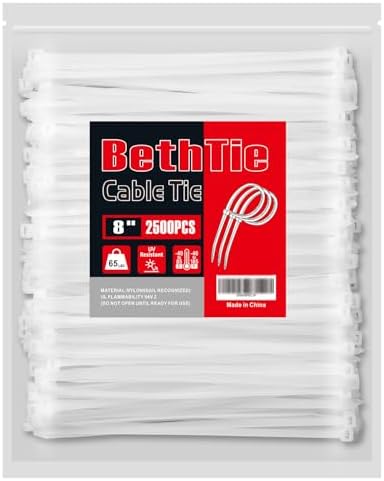 BethTie 8 Inch White Zip Ties 2500 Pcs, 65 LBS UV Resistant Cable Ties by Youroutdoorcompanion