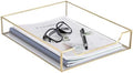 BTSKY 1 Pack Golden Glass Desk Tray, Multi-Purpose Organizer for A4 Paper, Documents, Desk Supplies, Makeup, Clear File Tray with Metal Frame, Stackable Decorative Storage for Home Office Vanity by BTSKY