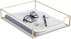 BTSKY 1 Pack Golden Glass Desk Tray, Multi-Purpose Organizer for A4 Paper, Documents, Desk Supplies, Makeup, Clear File Tray with Metal Frame, Stackable Decorative Storage for Home Office Vanity by BTSKY