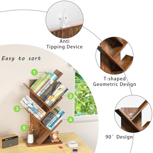 SHEEPAM Small Tree Book Shelf,5 Tier Bookshelf, Wood Desktop Bookcase - Image 6