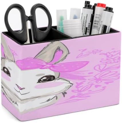 PU Leather Multi-Compartment Pen Holder Desktop Organizer Pencil Cup Storage Caddy for Office Home Supplies Hand Drawn Vector Rabbit Cute Bunny Rabbit with Bow Cute by Unknown