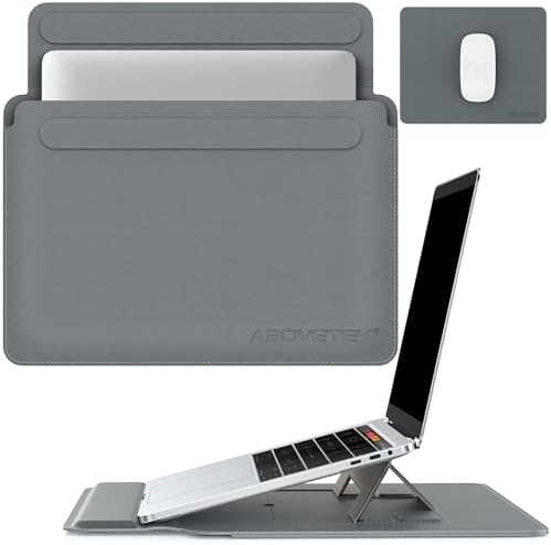 AboveTEK Laptop Sleeve Case for 13-14 inch MacBook Air/Pro, Slim Laptop Case with Stand, Ergonomic Wrist Rest & Mouse Pad, Waterproof Anti-Scratch Leather Bag for 13-14 Surface HP, Grey by AboveTEK
