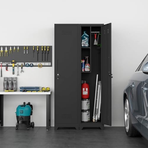 Slim Broom Closet Storage Cabinet, Black Metal Cabinets with Lock and & S-Hooks, Cleaning Supply Cabinet, 65x15.8x15.8 Utility Storage Cabinet for Garage, Office, Laundry Room - Image 2