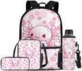 Unisex School Backpack 4Pcs, Cartoon Travel Daypack & Pencil Case & Lunch Bags & Cup Sleeve Lightweight Large Capacity for Kids Teen Pink Axolotl by Oamsistay