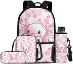 Unisex School Backpack 4Pcs, Cartoon Travel Daypack & Pencil Case & Lunch Bags & Cup Sleeve Lightweight Large Capacity for Kids Teen Pink Axolotl by Oamsistay