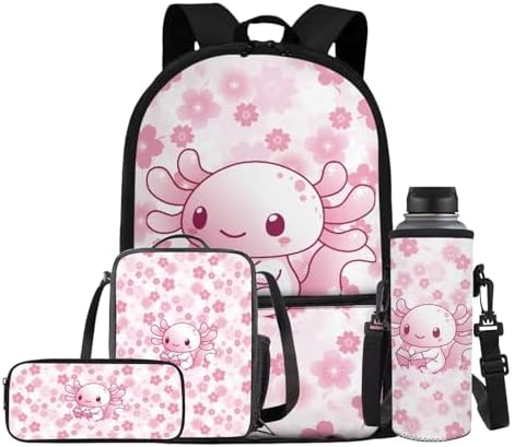 Unisex School Backpack 4Pcs, Cartoon Travel Daypack & Pencil Case & Lunch Bags & Cup Sleeve Lightweight Large Capacity for Kids Teen Pink Axolotl by Oamsistay