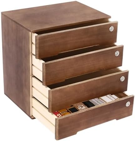 Wooden Desktop Drawer Organizer, 4 Lockable Drawers Cabinet Countertop Storage Box with Drawers Office Supplies Receipt File Organizer Flat File Cabinet for Study, Dresser by WUSILILU