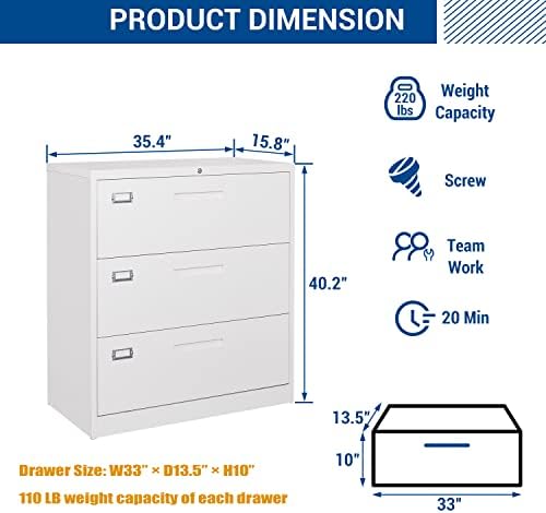 Fesbos Lateral File Cabinet with Lock, 3 Drawer Large Metal Filing Cabinet,Home Office Lockable Storage Cabinet for Hanging Files Letter/Legal/F4/A4 Size-Assembly Required - Image 3