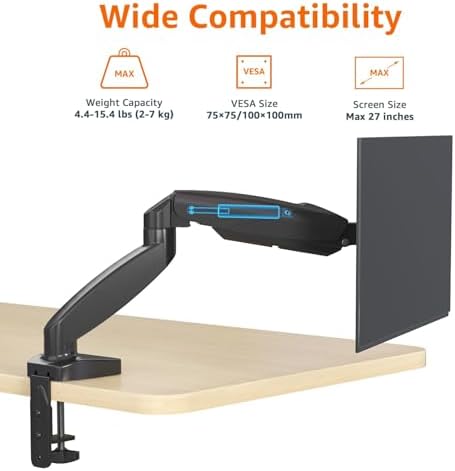 Amazon Basics Gas Spring Single Monitor Arm Desk Mount, Adjustable Tension, Fits 15–27 Inch Monitors, Supports 4.4–15.4 lbs, VESA 75x75/100x100, Black - Image 3