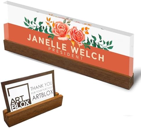 Artblox Office Personalized Name Plate for Desk with Business Card Holder On Clear Acrylic Glass Orange Roses Design Custom Desk Name Plate with Your Name and Credentials Customized Gift by Artblox