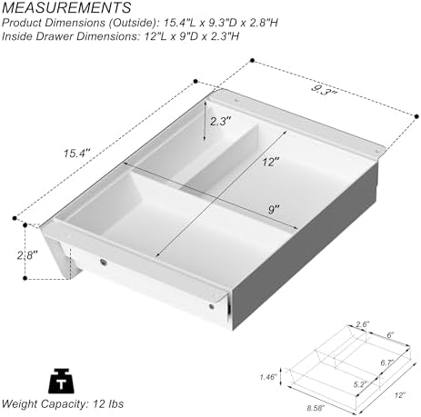 White Under Desk Drawer with Removable Tray, 15.4" Wide 2-in-1 Organizer – 60° Ergonomic Tilt, 4-Compartment Insert for Pens, Phones & Cables, Ball Bearing Slides, for Home Office & Student Desk - Image 2