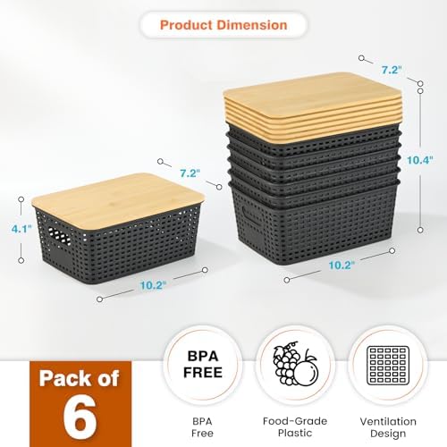 Ohmlove 6 Pack Plastic Storage Baskets with Bamboo Lids for Organization - Image 2