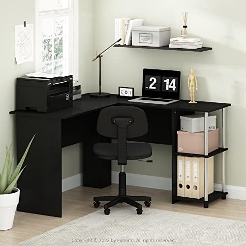 Furinno Abbott L-Shape Computer Desk with Stainless Steel Tubes Bookshelf, Americano/Chrome - Image 2