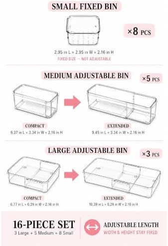 Adjustable Clear Drawer Storage Organizer, 16 Pack 3 Sizes Expandable Plastic Storage Boxes for Kitchen, Bathroom, Vanity, Office, Makeup, Desk and Closet Organization - Image 2