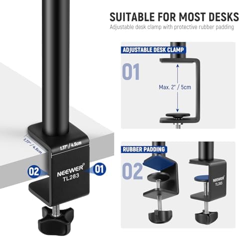 NEEWER Camera Desk Mount with Holder & 360° Ball Head, 17"-40"/43-102cm Telescopic C Clamp Table Light Stand 1/4" Screw, Desktop Stand 6.6lb/3kg Max Load for DSLR Camera, Webcam, Ring Light,TL283 - Image 5